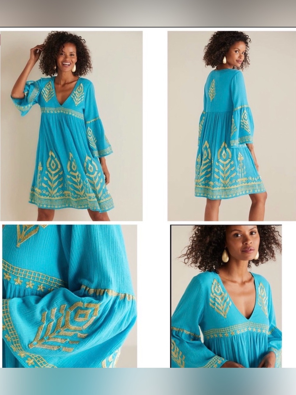 Soft Surroundings Zaneta Teal Metallic Gold Embroidery Trumpet Sleeve Dress XSP